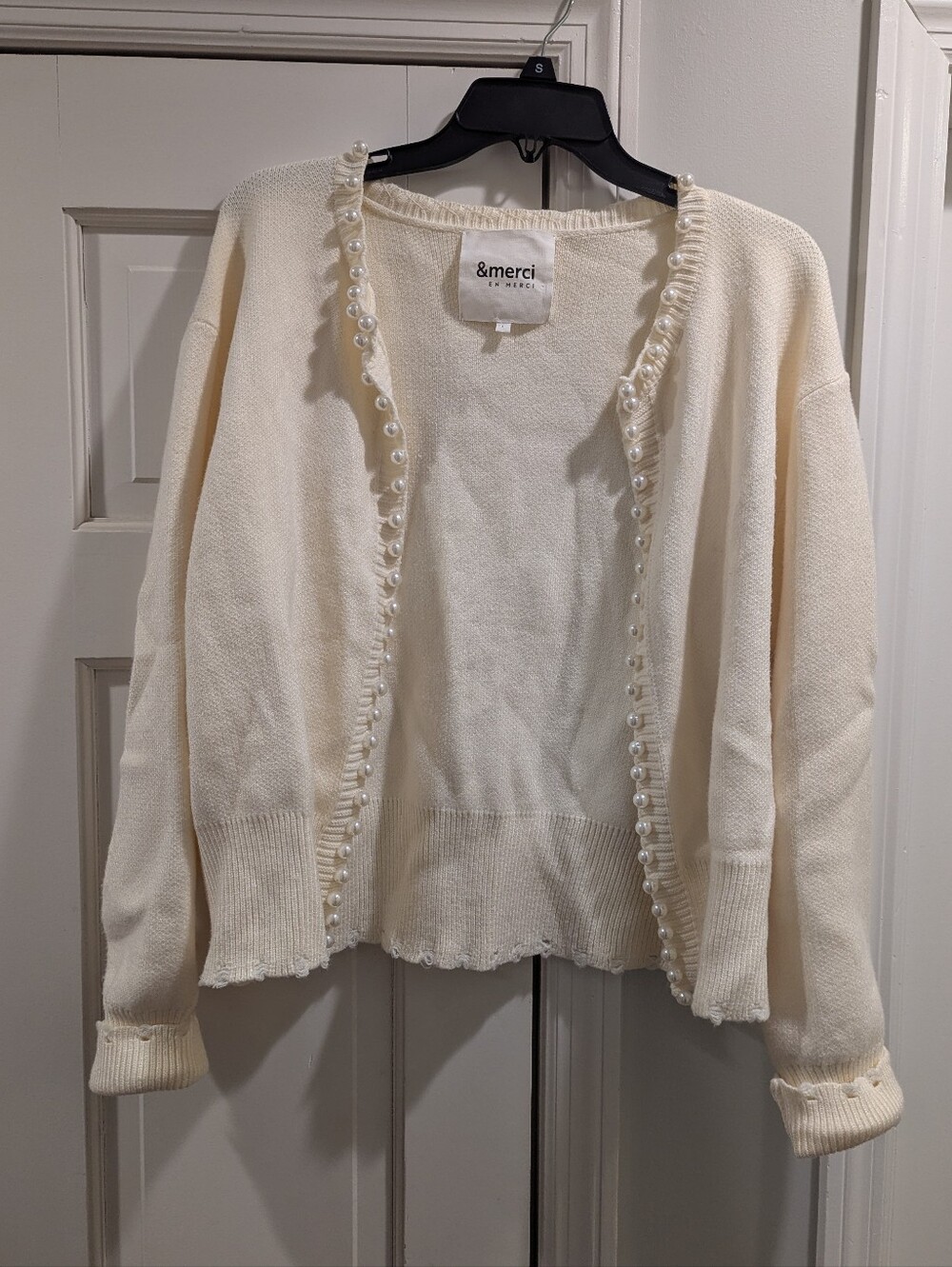 L Cream Pearl Trim Ragged Hem Open Cardigan Sweater